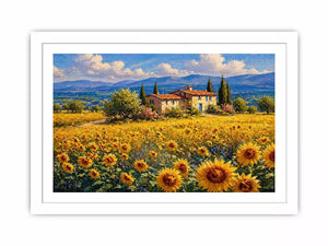Impressionist sunflower field with rustic villa landscape Canvas Print canvas