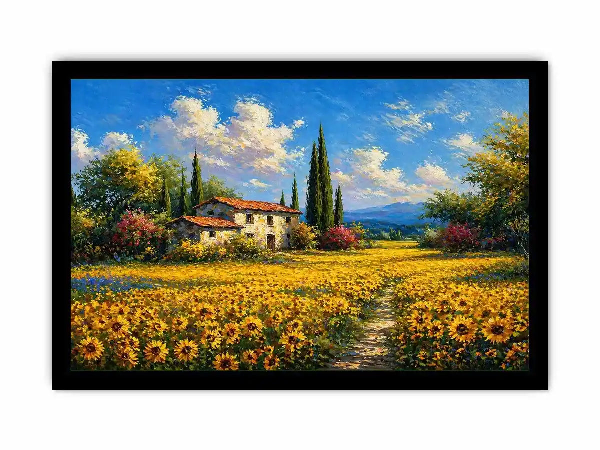 Impressionist sunflower field with rustic house canvas wall art