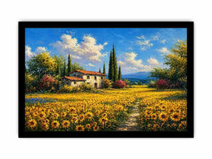 Impressionist sunflower field with rustic house canvas wall art