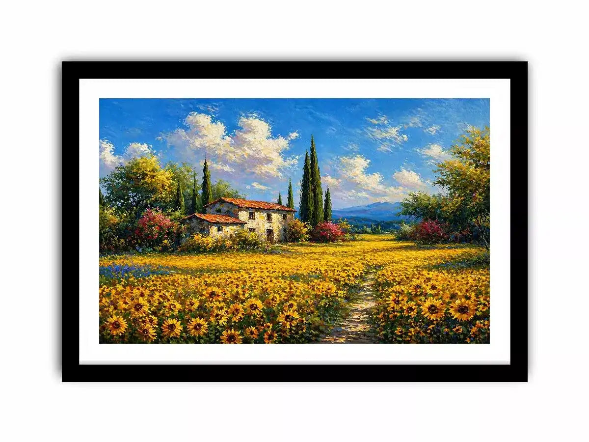 Impressionist sunflower field with rustic house canvas wall art