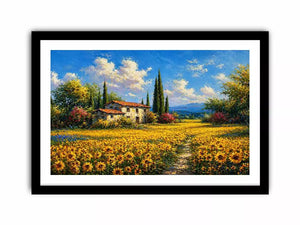 Impressionist sunflower field with rustic house canvas wall art
