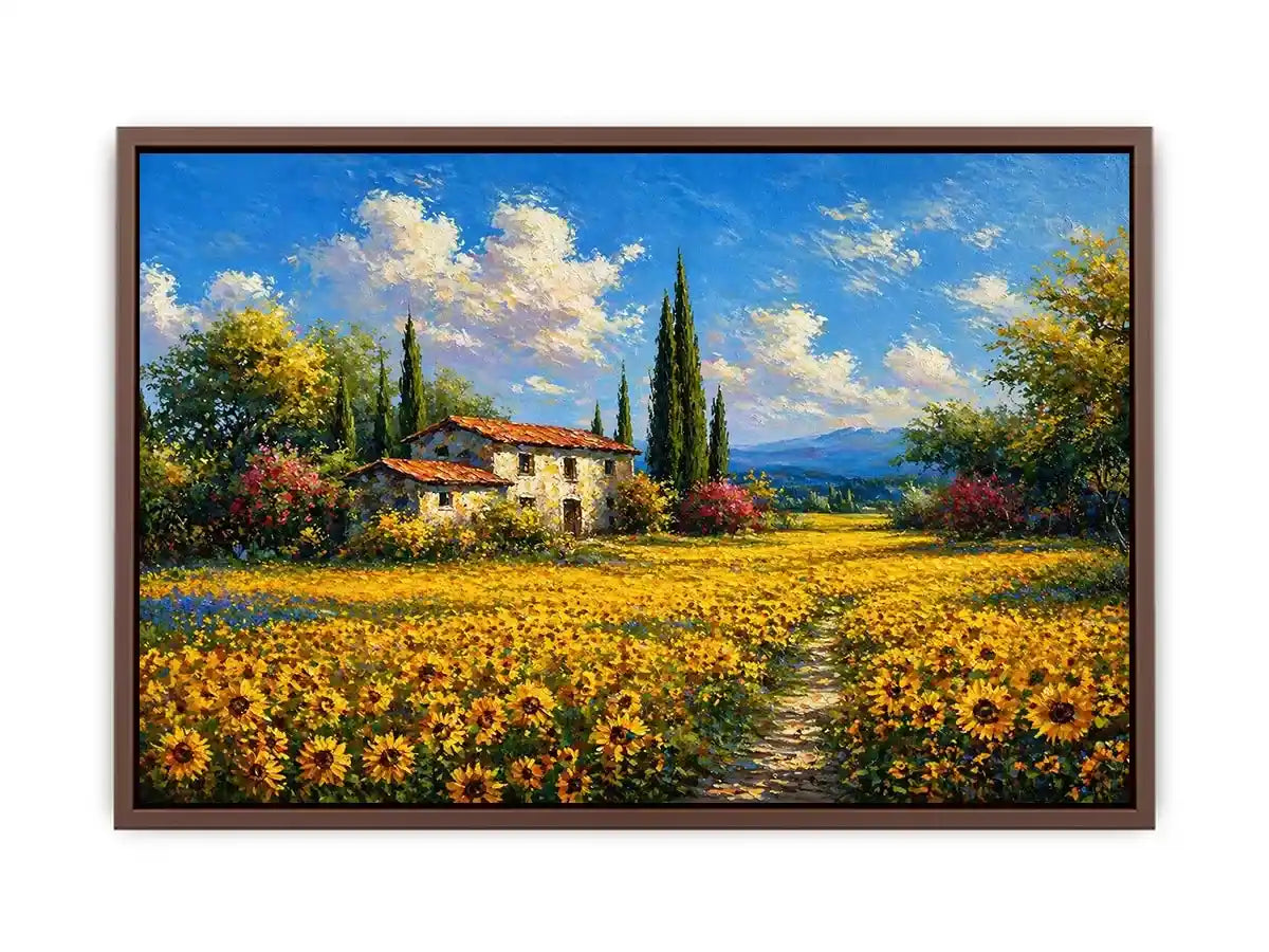 Impressionist sunflower field with rustic house canvas wall art