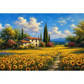Impressionist sunflower field with rustic house canvas wall art