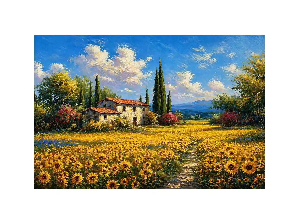 Impressionist sunflower field with rustic house canvas wall art