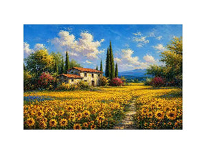 Impressionist sunflower field with rustic house canvas wall art