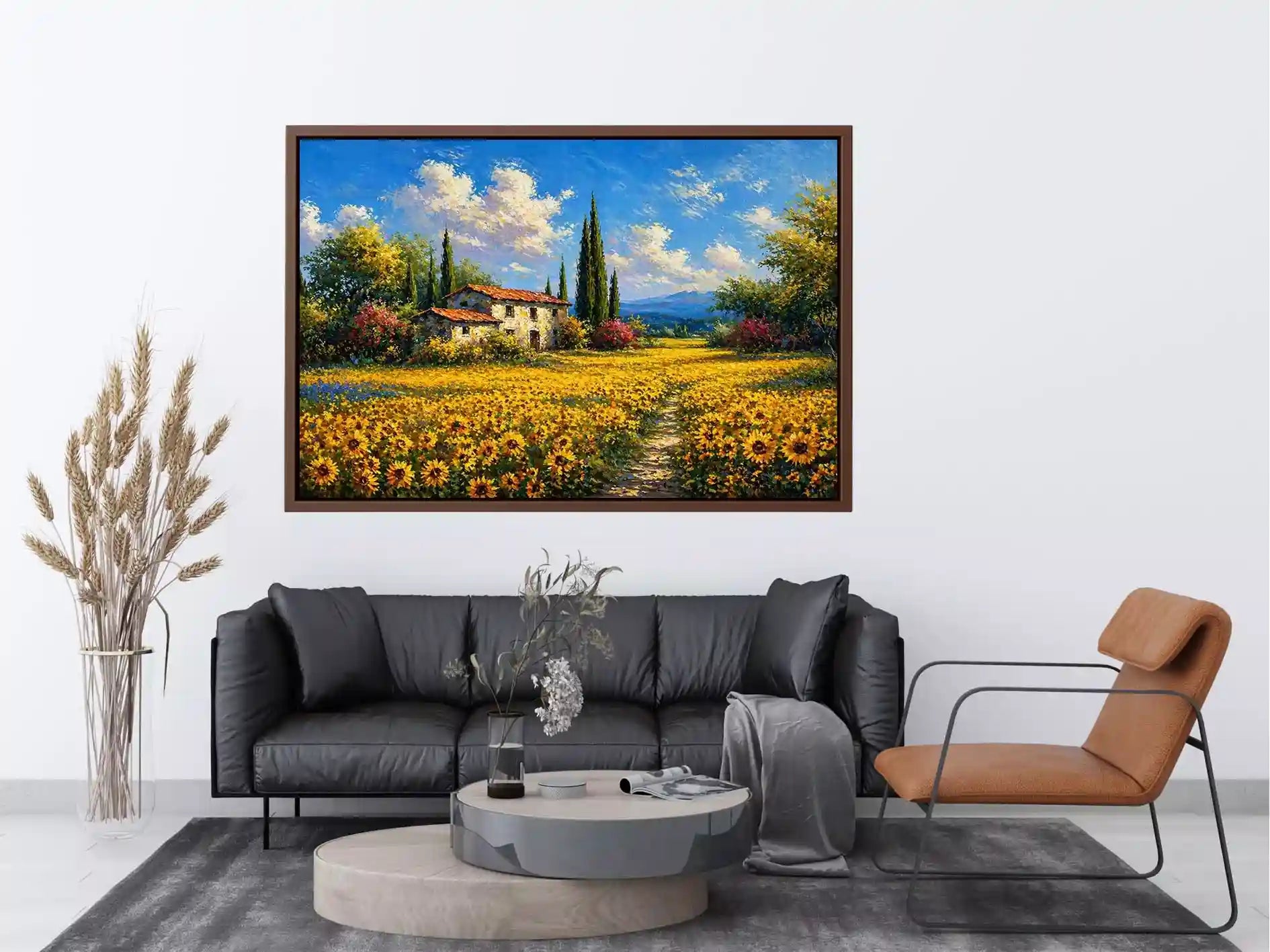 Impressionist sunflower field with rustic house canvas wall art
