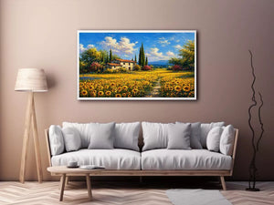 Impressionist sunflower field with rustic house canvas wall art
