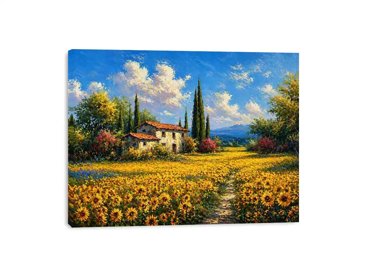 Impressionist sunflower field with rustic house canvas wall art