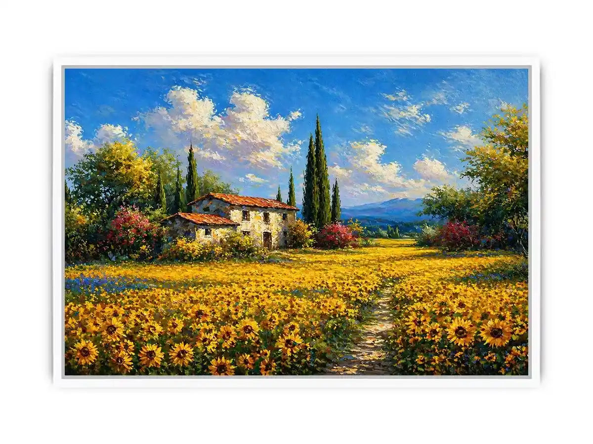 Impressionist sunflower field with rustic house canvas wall art