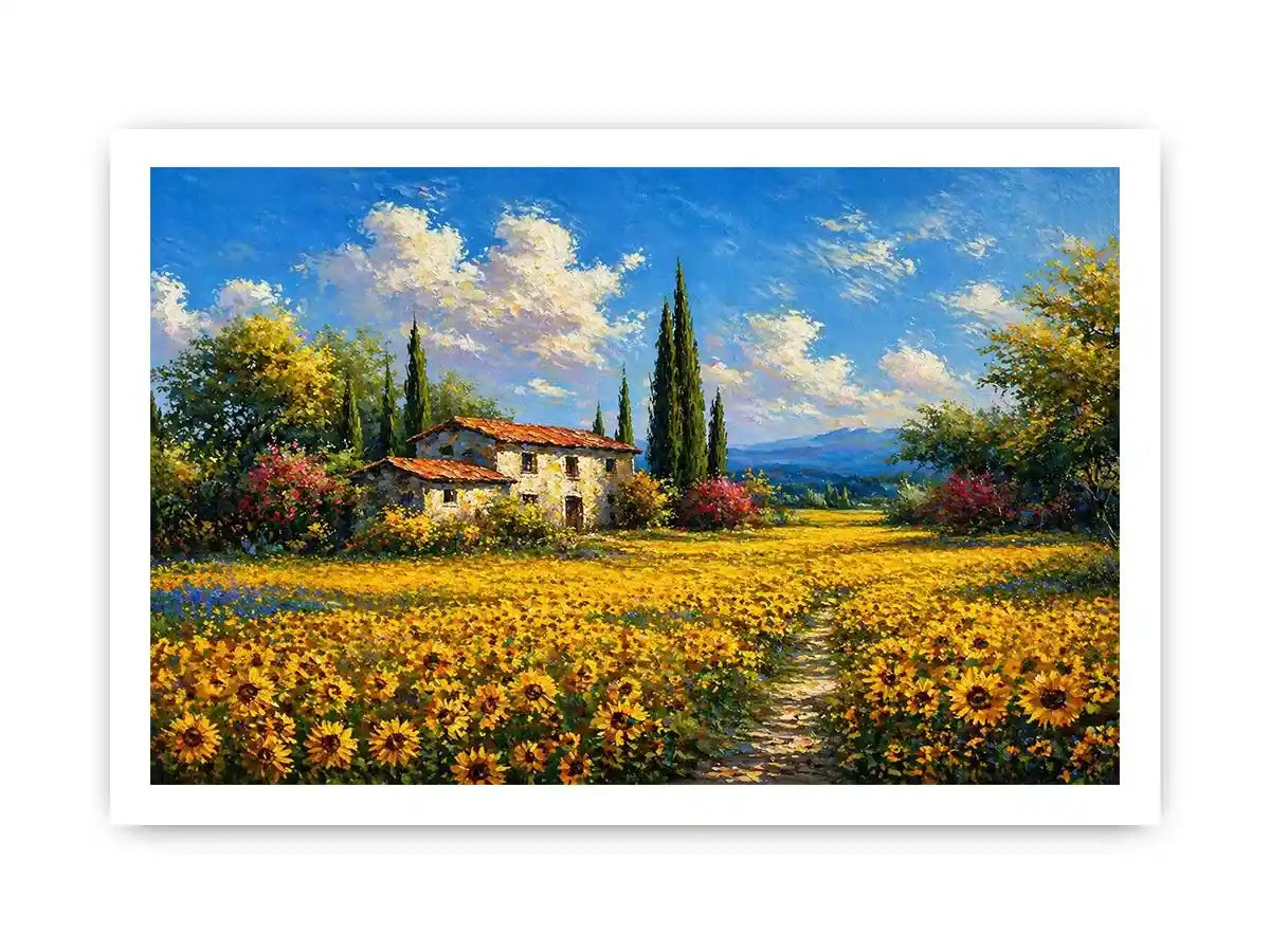 Impressionist sunflower field with rustic house canvas wall art