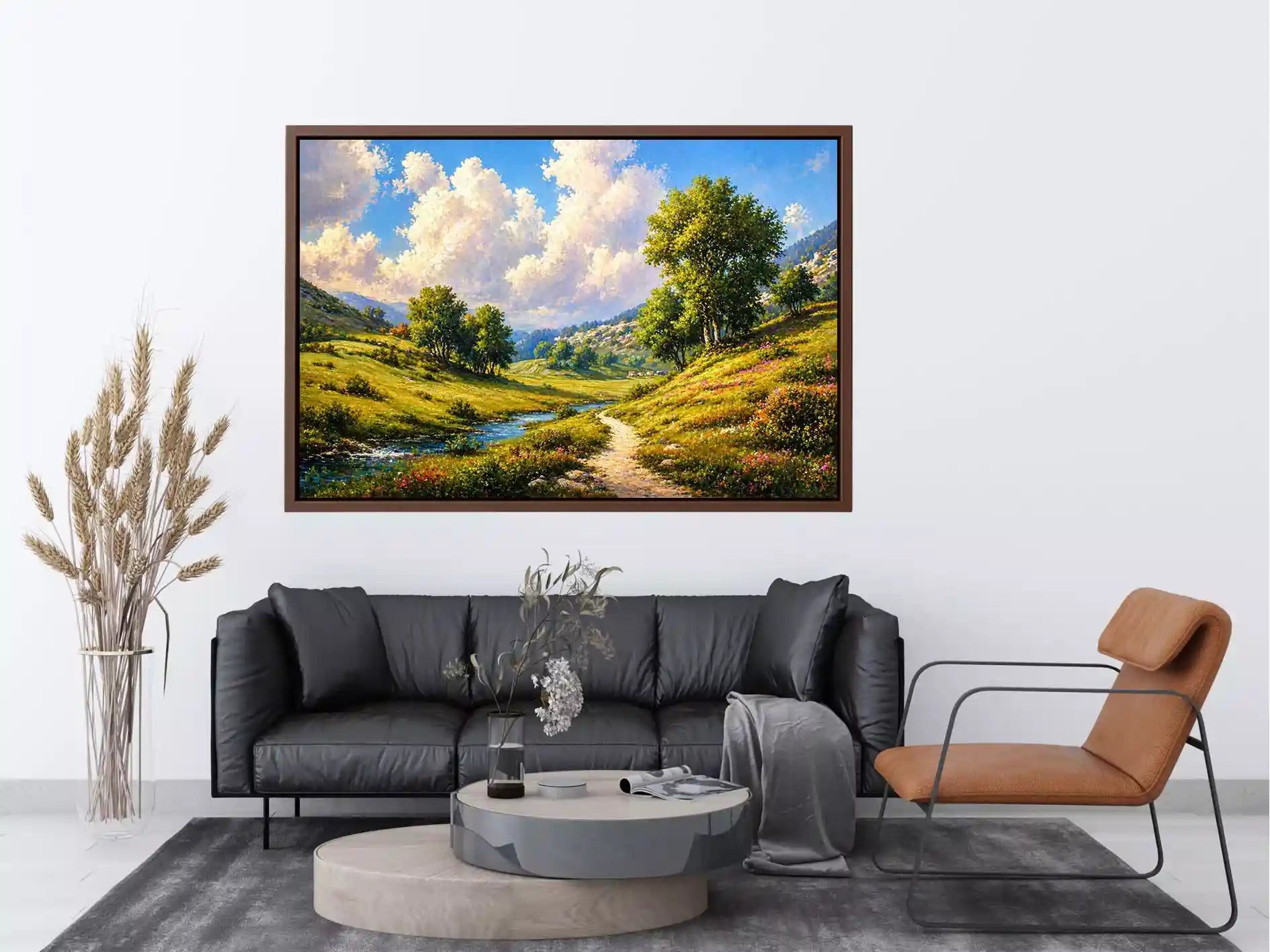 Impressionist sunflower field with rustic villa golden canvas Canvas Print