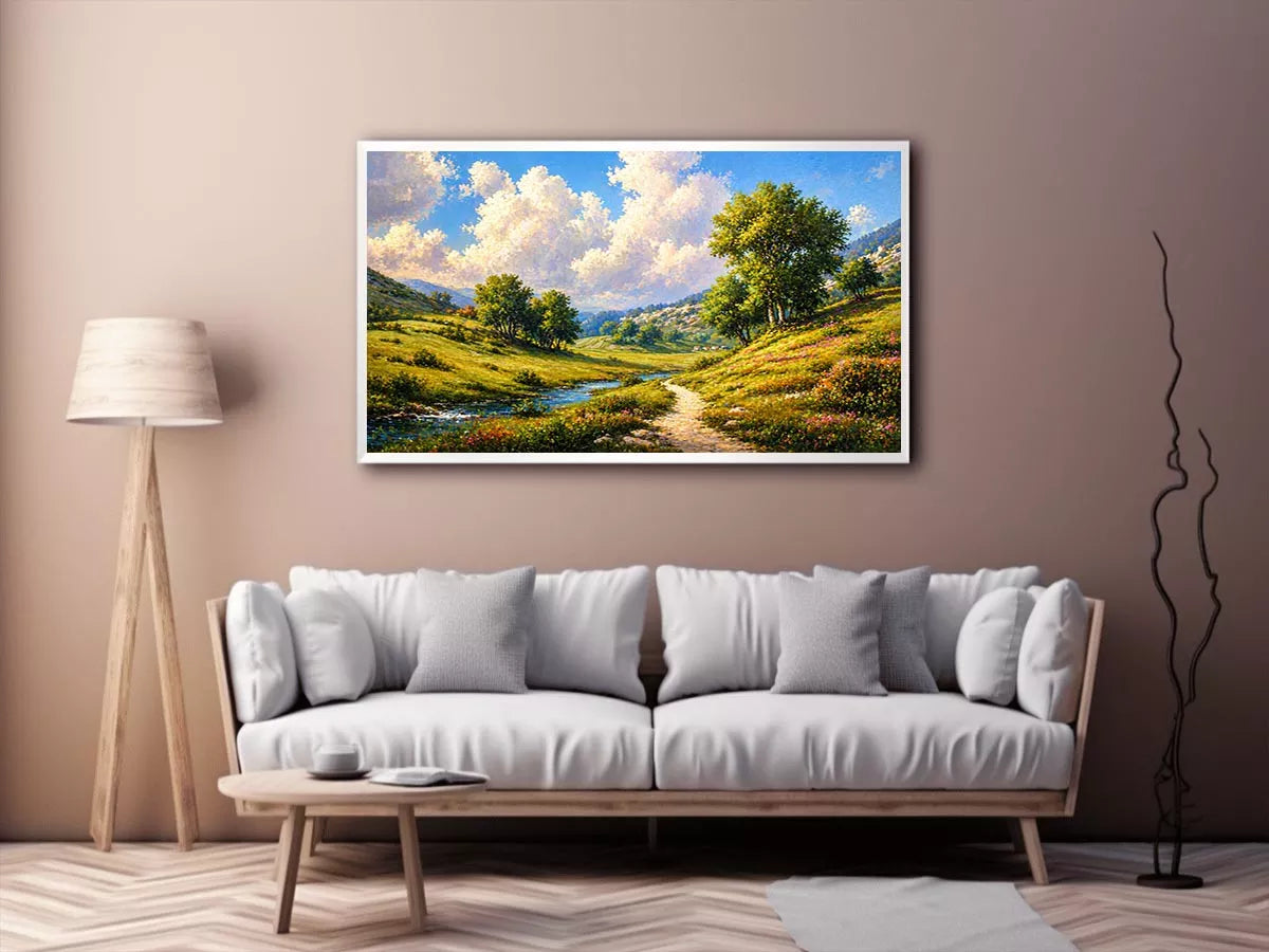 Impressionist sunflower field with rustic villa golden canvas Canvas Print