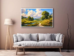 Impressionist sunflower field with rustic villa golden canvas Canvas Print