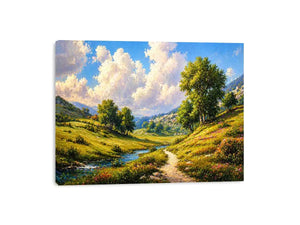 Impressionist sunflower field with rustic villa golden canvas Canvas Print