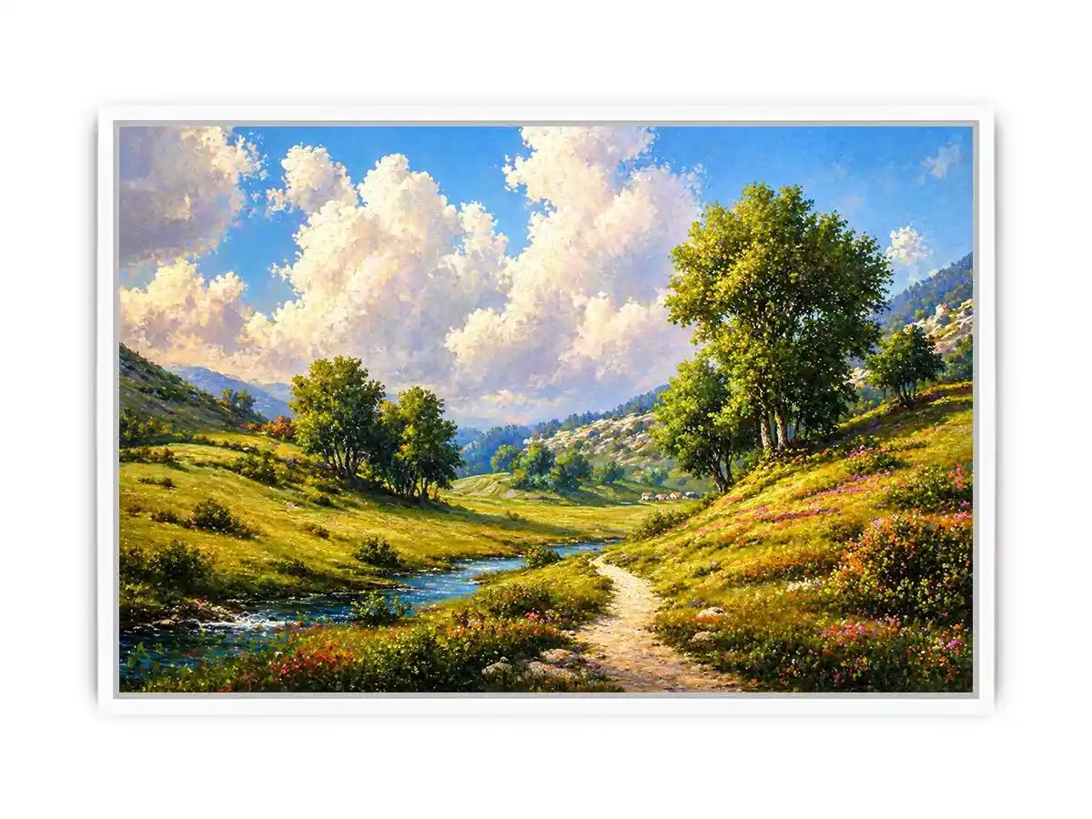 Impressionist sunflower field with rustic villa golden canvas Canvas Print