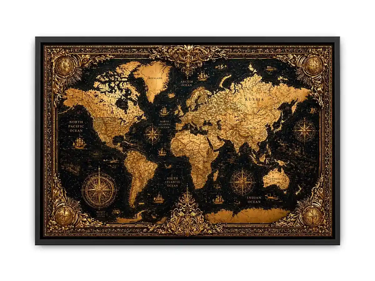 vintage world map gold Canvas Print antique luxury canvas black gold decor