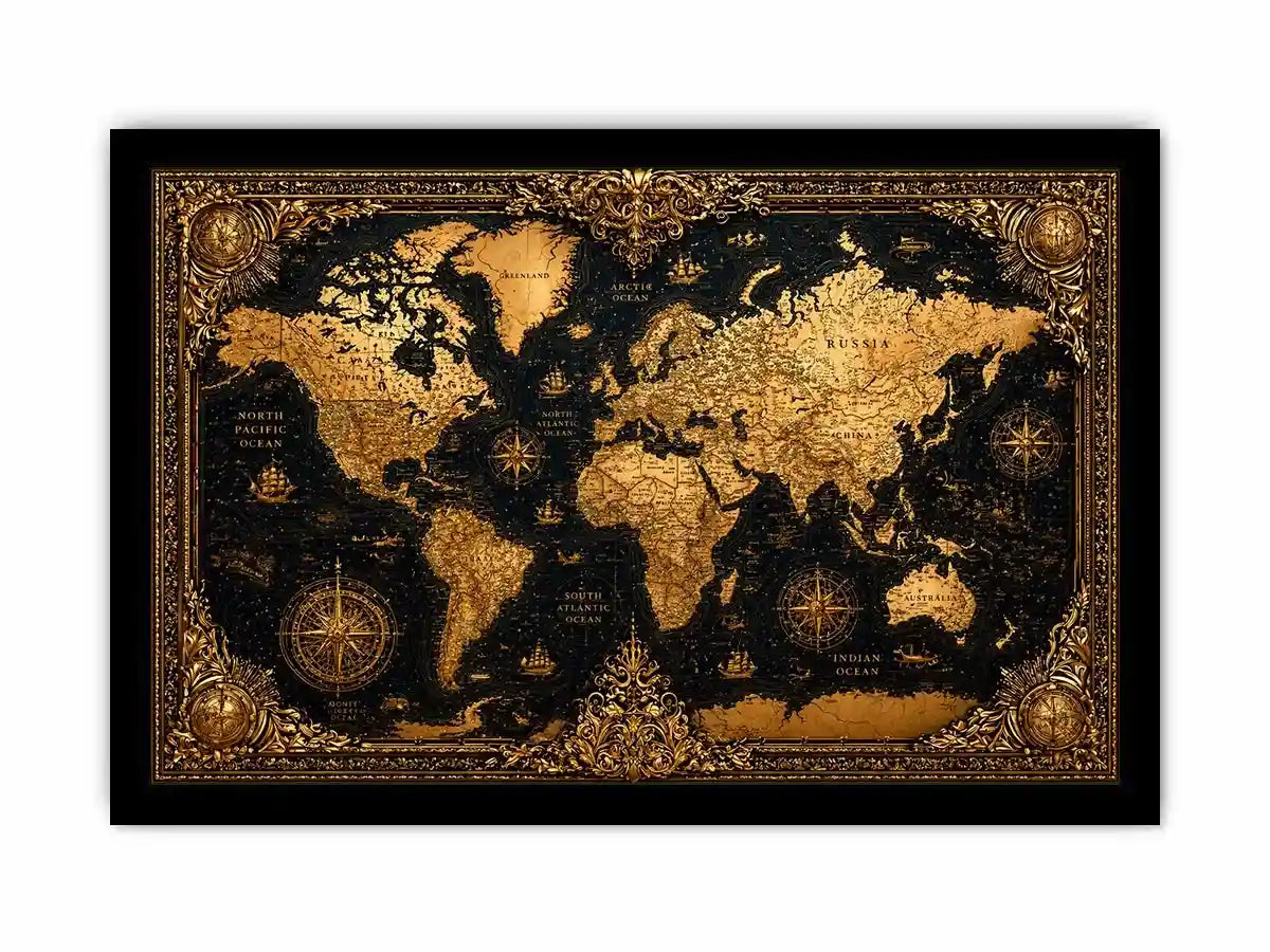 vintage world map gold Canvas Print antique luxury canvas black gold decor