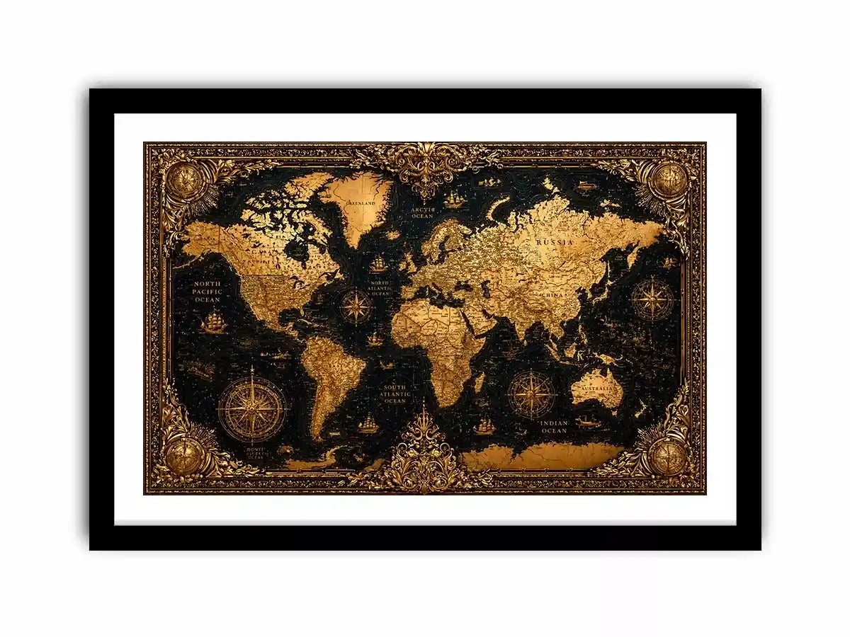 vintage world map gold Canvas Print antique luxury canvas black gold decor