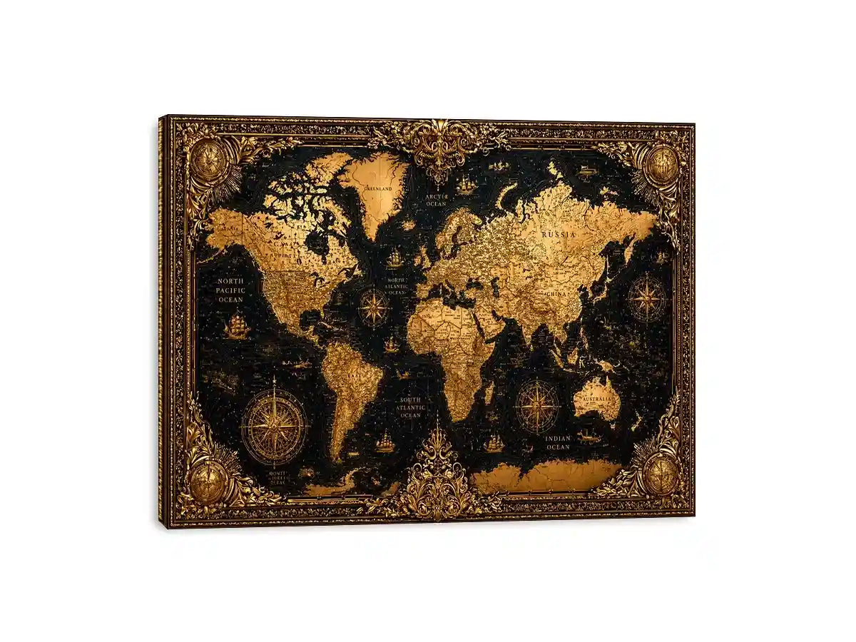 vintage world map gold Canvas Print antique luxury canvas black gold decor