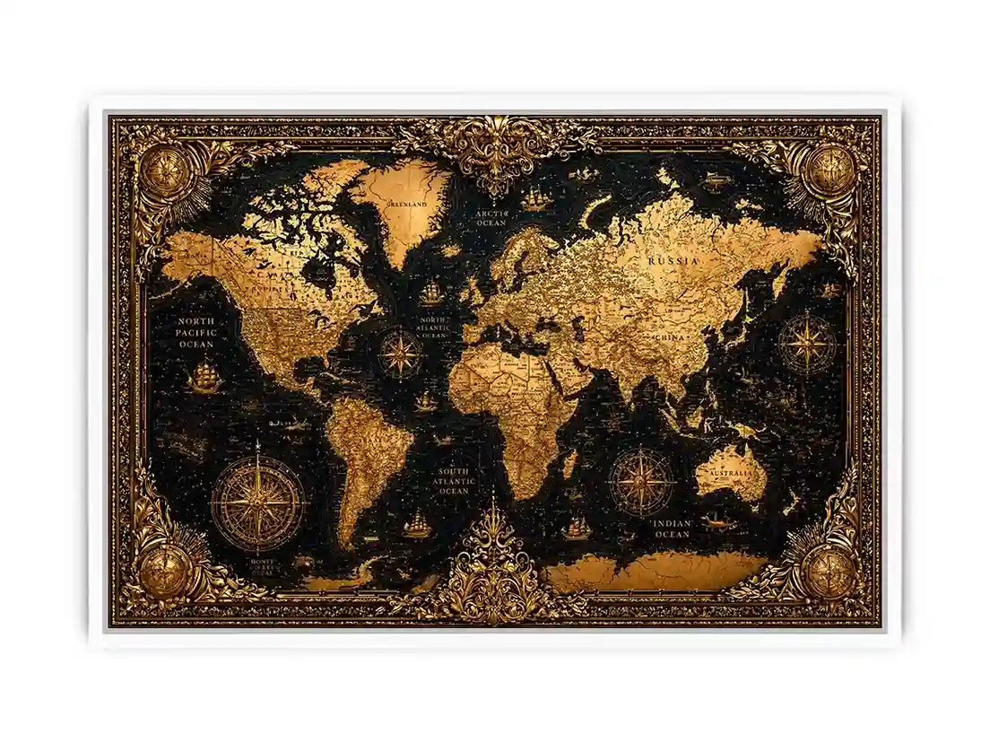 vintage world map gold Canvas Print antique luxury canvas black gold decor