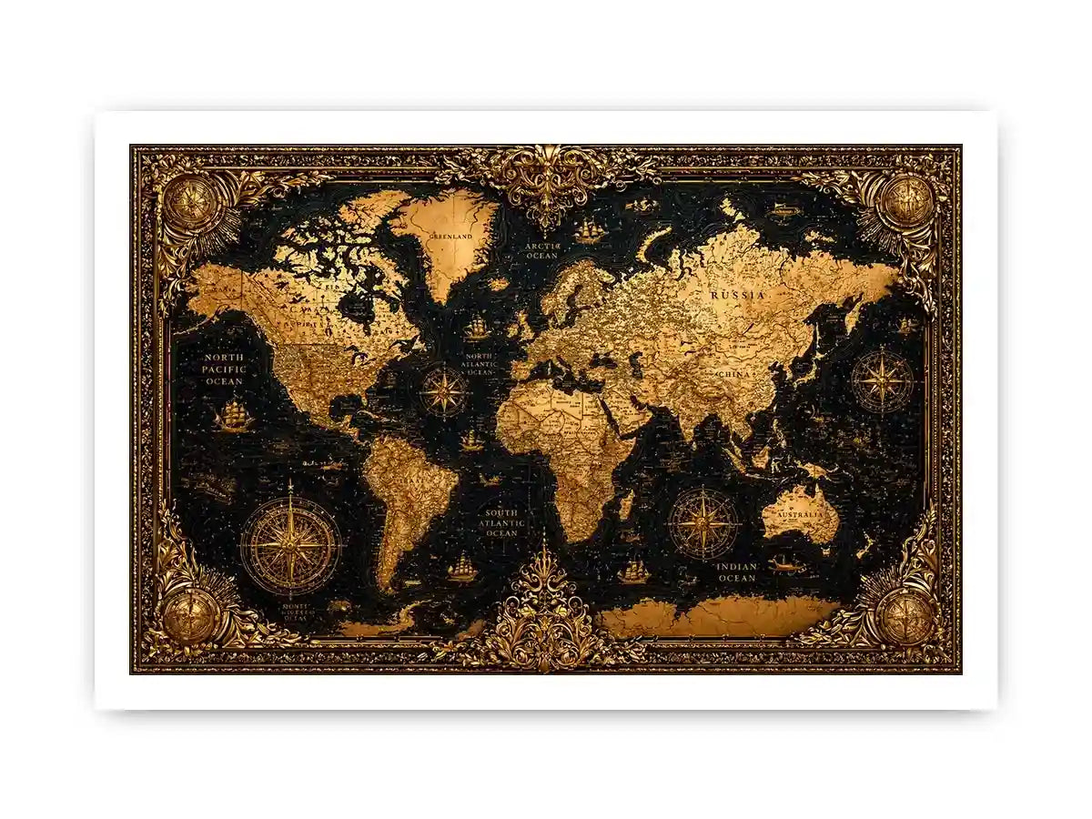 vintage world map gold Canvas Print antique luxury canvas black gold decor