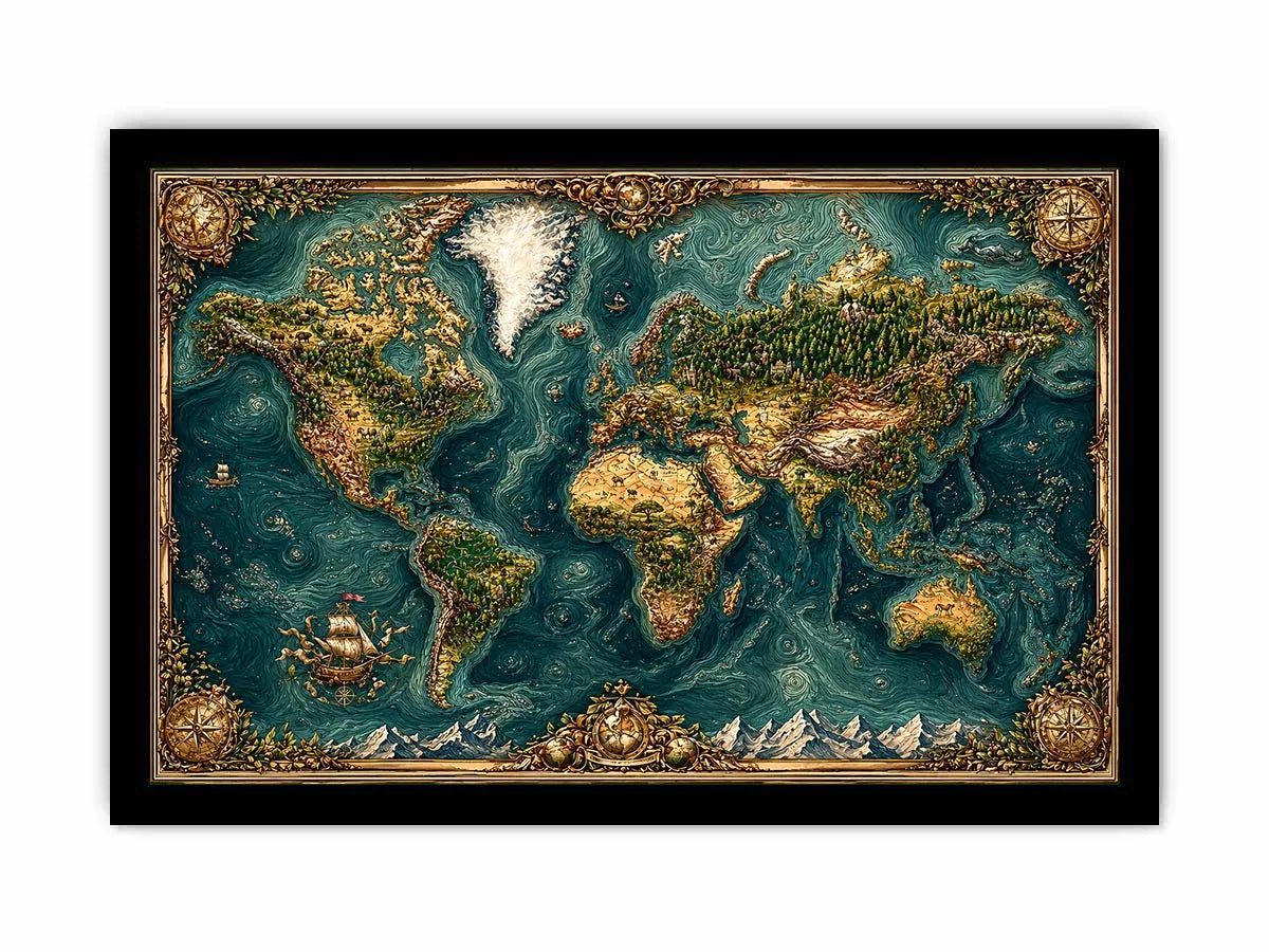 artistic world map textured Canvas Print teal earthy vintage canvas decor