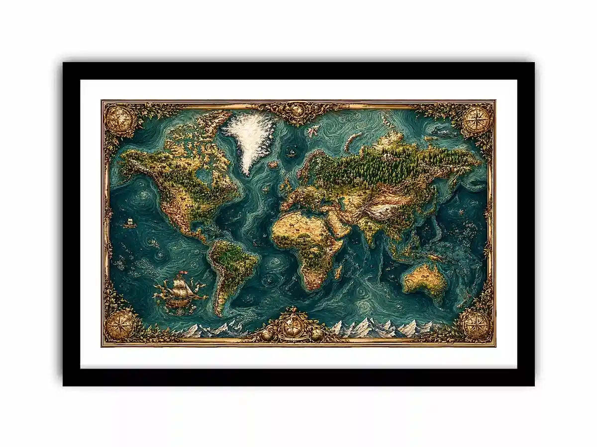 artistic world map textured Canvas Print teal earthy vintage canvas decor