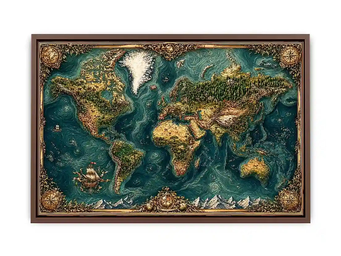 artistic world map textured Canvas Print teal earthy vintage canvas decor