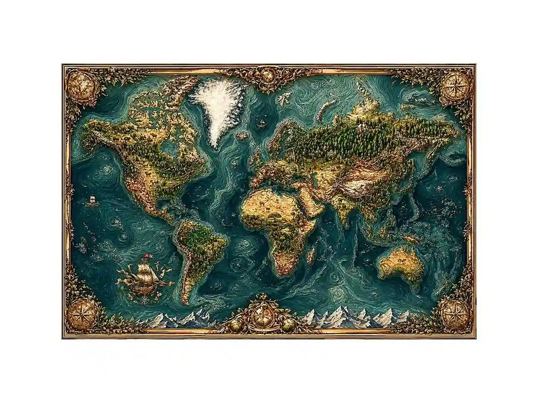 artistic world map textured Canvas Print teal earthy vintage canvas decor