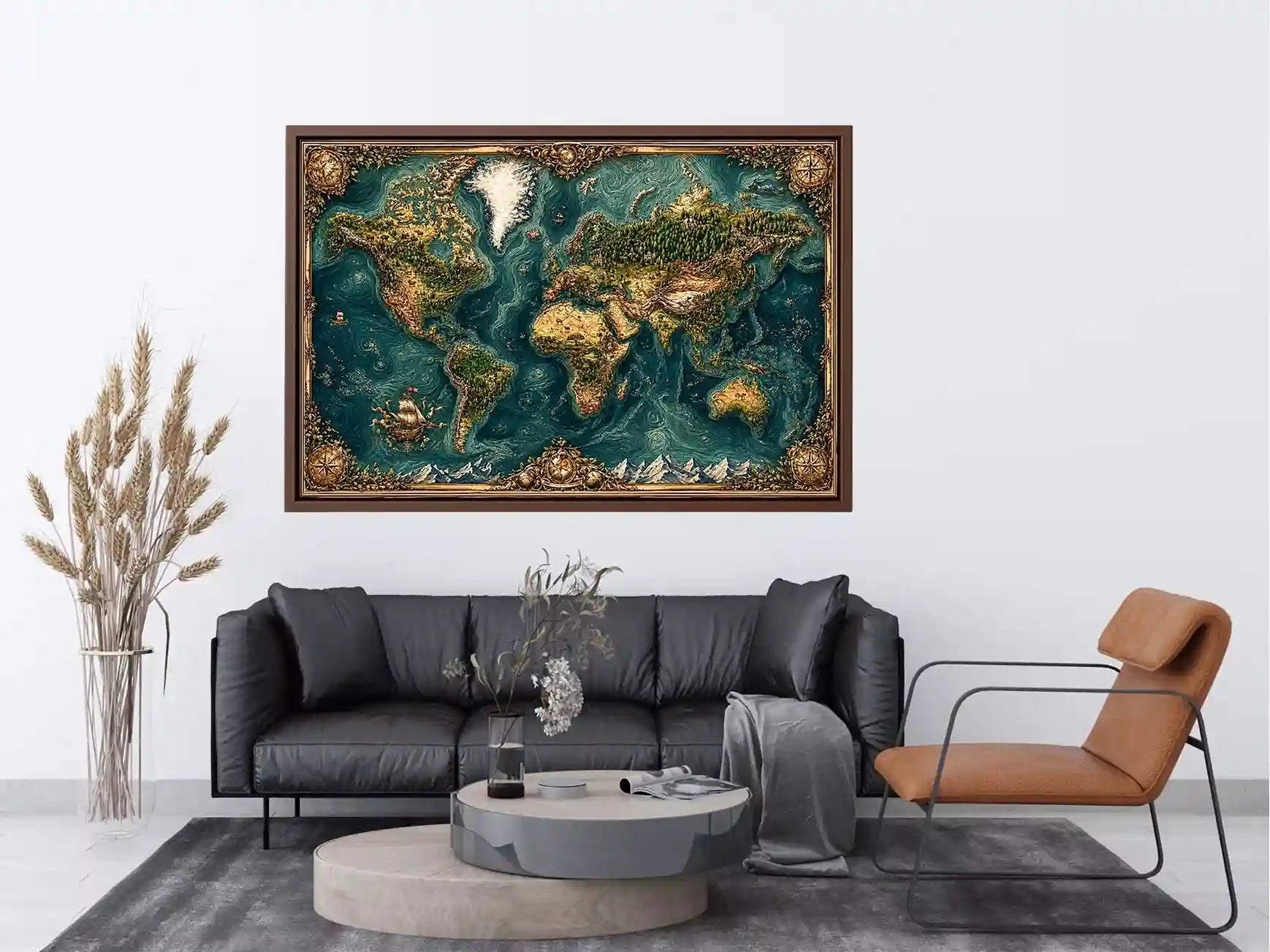 artistic world map textured Canvas Print teal earthy vintage canvas decor