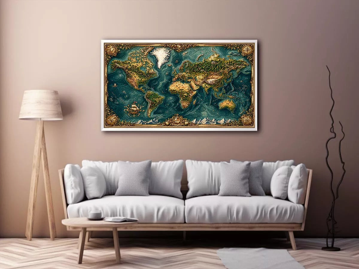 artistic world map textured Canvas Print teal earthy vintage canvas decor