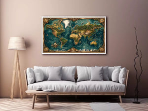 artistic world map textured Canvas Print teal earthy vintage canvas decor