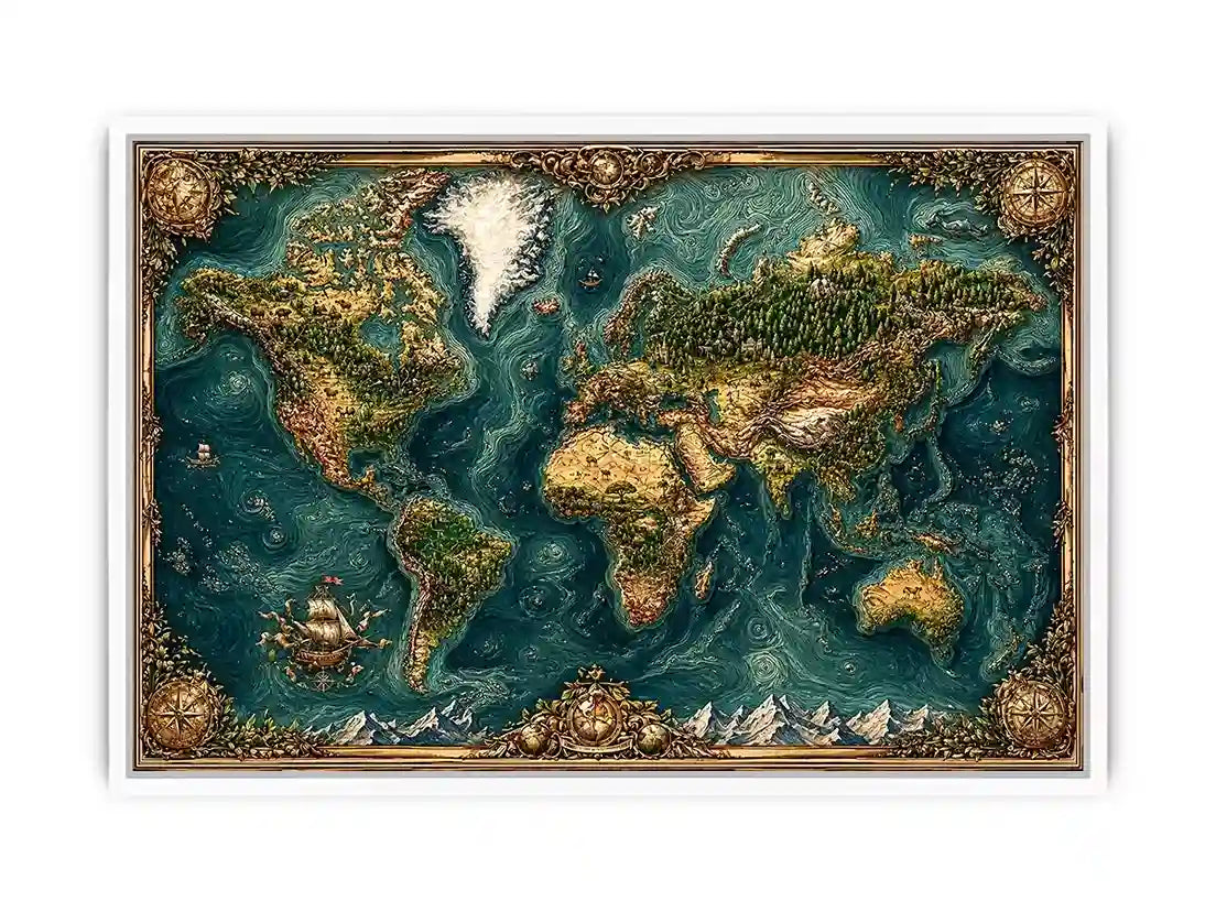 artistic world map textured Canvas Print teal earthy vintage canvas decor