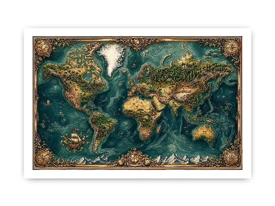 artistic world map textured Canvas Print teal earthy vintage canvas decor