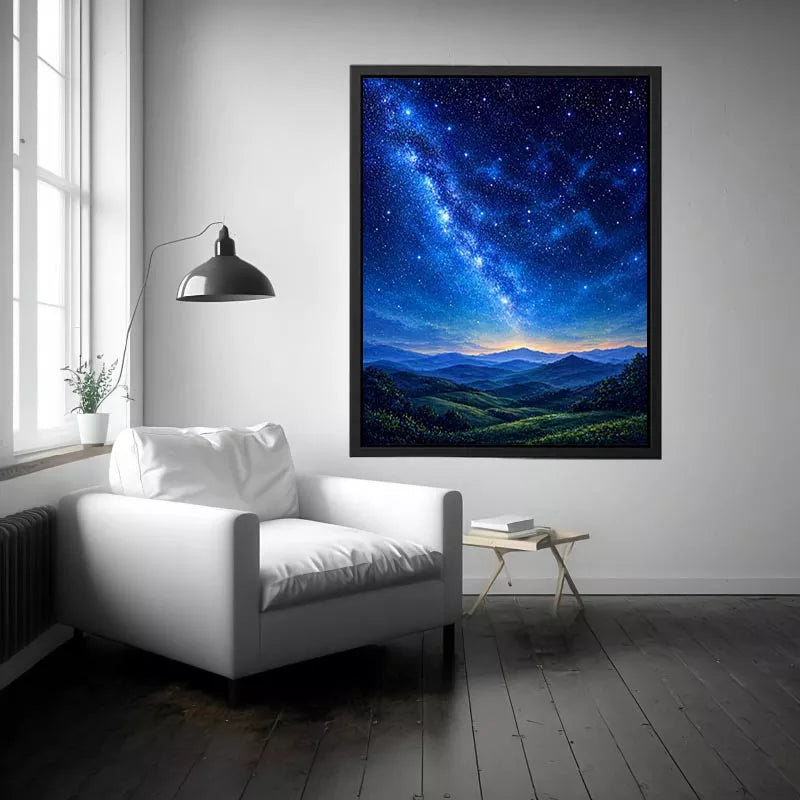 starry night sky landscape wall art dreamy blue canvas peaceful decor