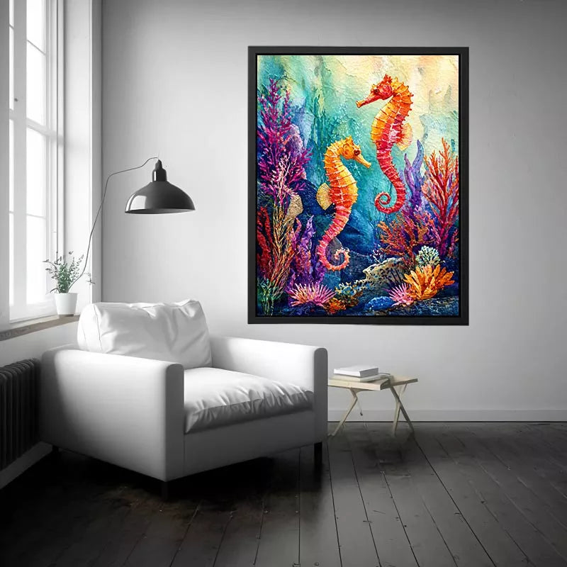 watercolor seahorse Canvas Print coastal ocean coral canvas decor