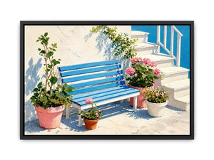 mediterranean bench Canvas Print coastal blue white canvas floral decor