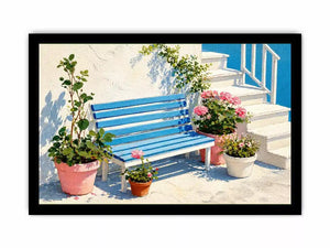 mediterranean bench Canvas Print coastal blue white canvas floral decor