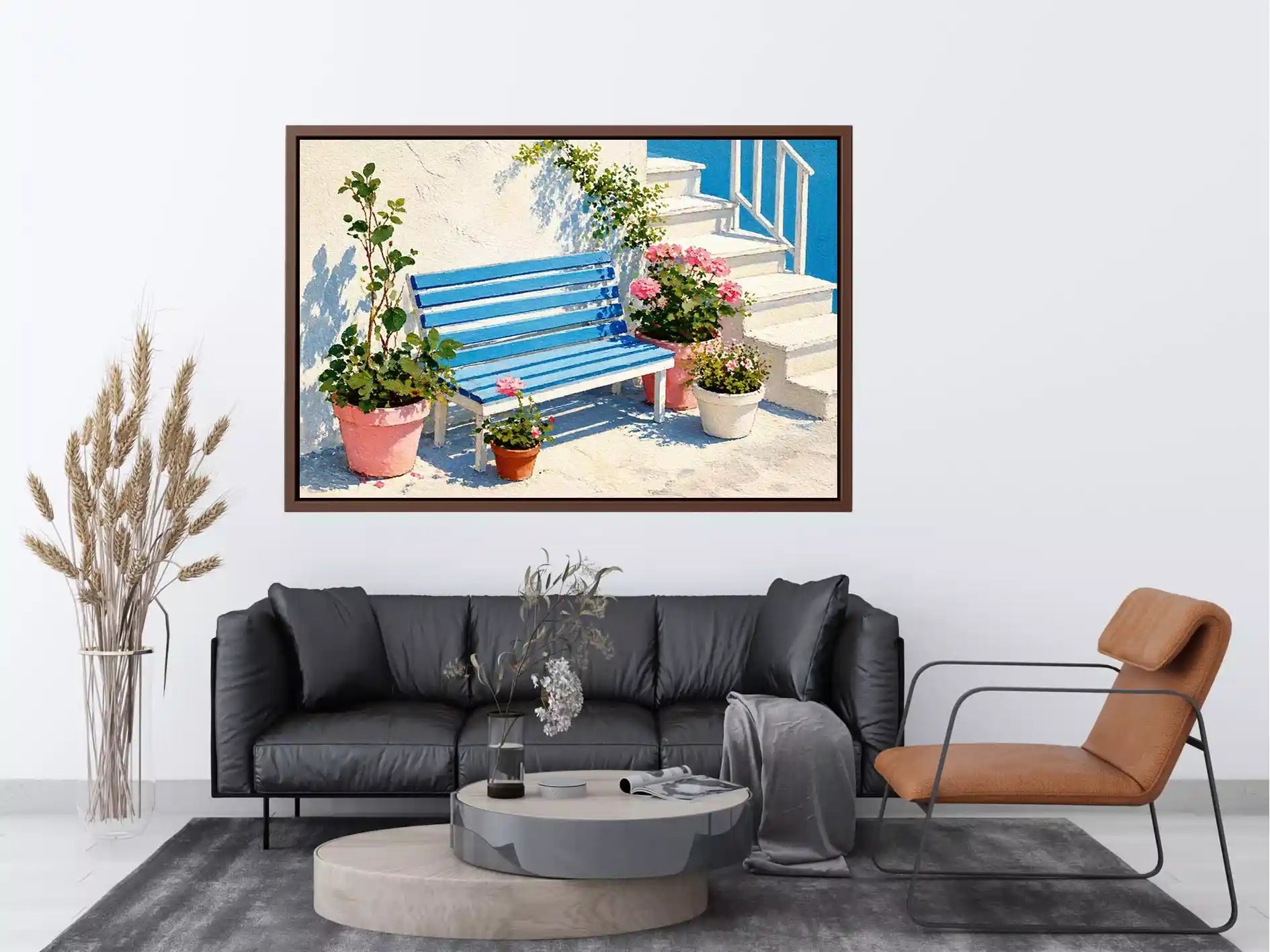 mediterranean bench Canvas Print coastal blue white canvas floral decor