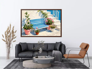 mediterranean bench Canvas Print coastal blue white canvas floral decor
