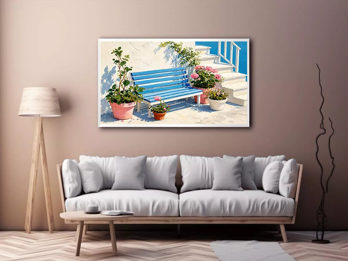 mediterranean bench Canvas Print coastal blue white canvas floral decor