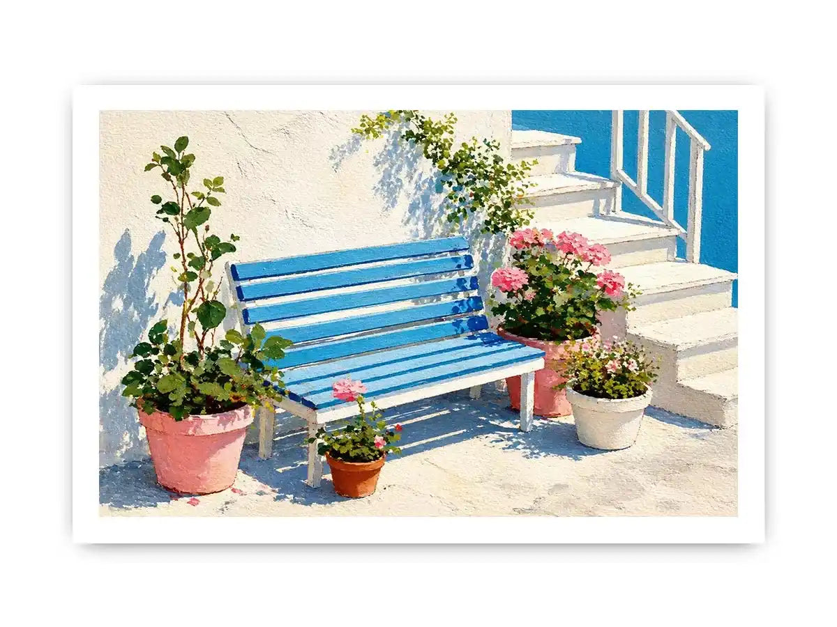 mediterranean bench Canvas Print coastal blue white canvas floral decor
