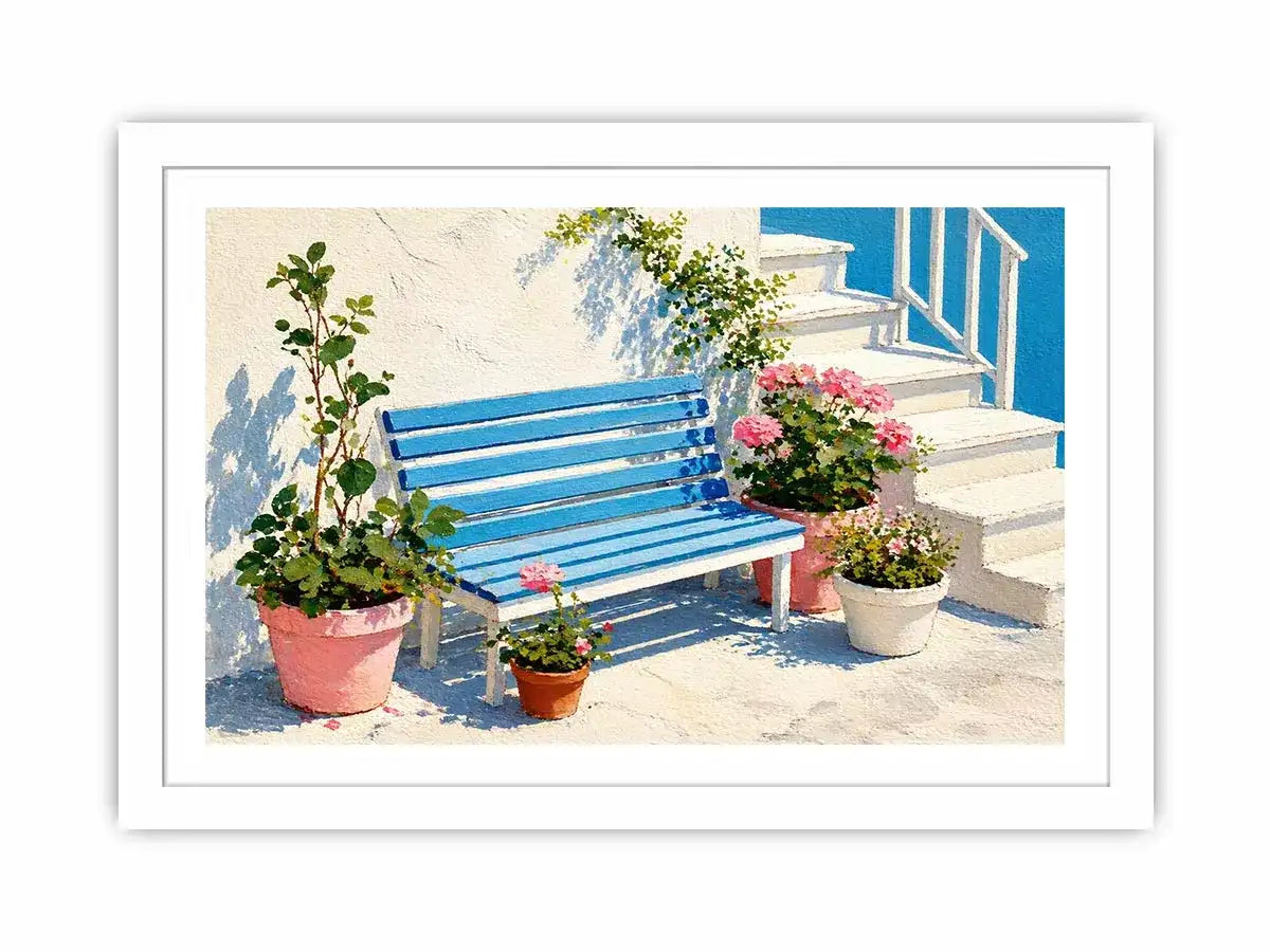 mediterranean bench Canvas Print coastal blue white canvas floral decor