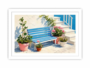 mediterranean bench Canvas Print coastal blue white canvas floral decor