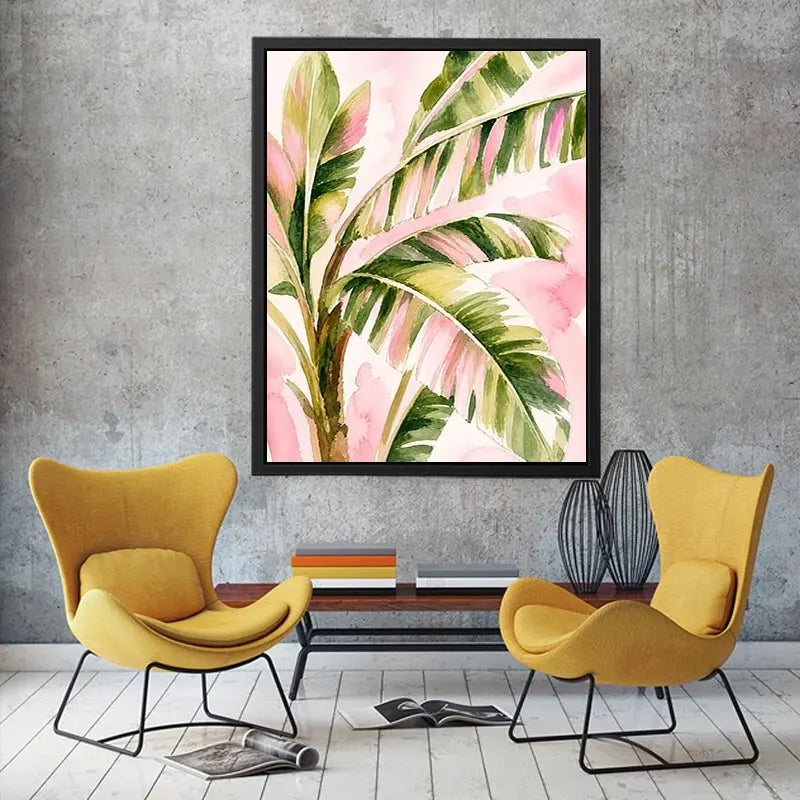 tropical palm leaves Canvas Print in blush pink and green watercolor style elegant botanical canvas
