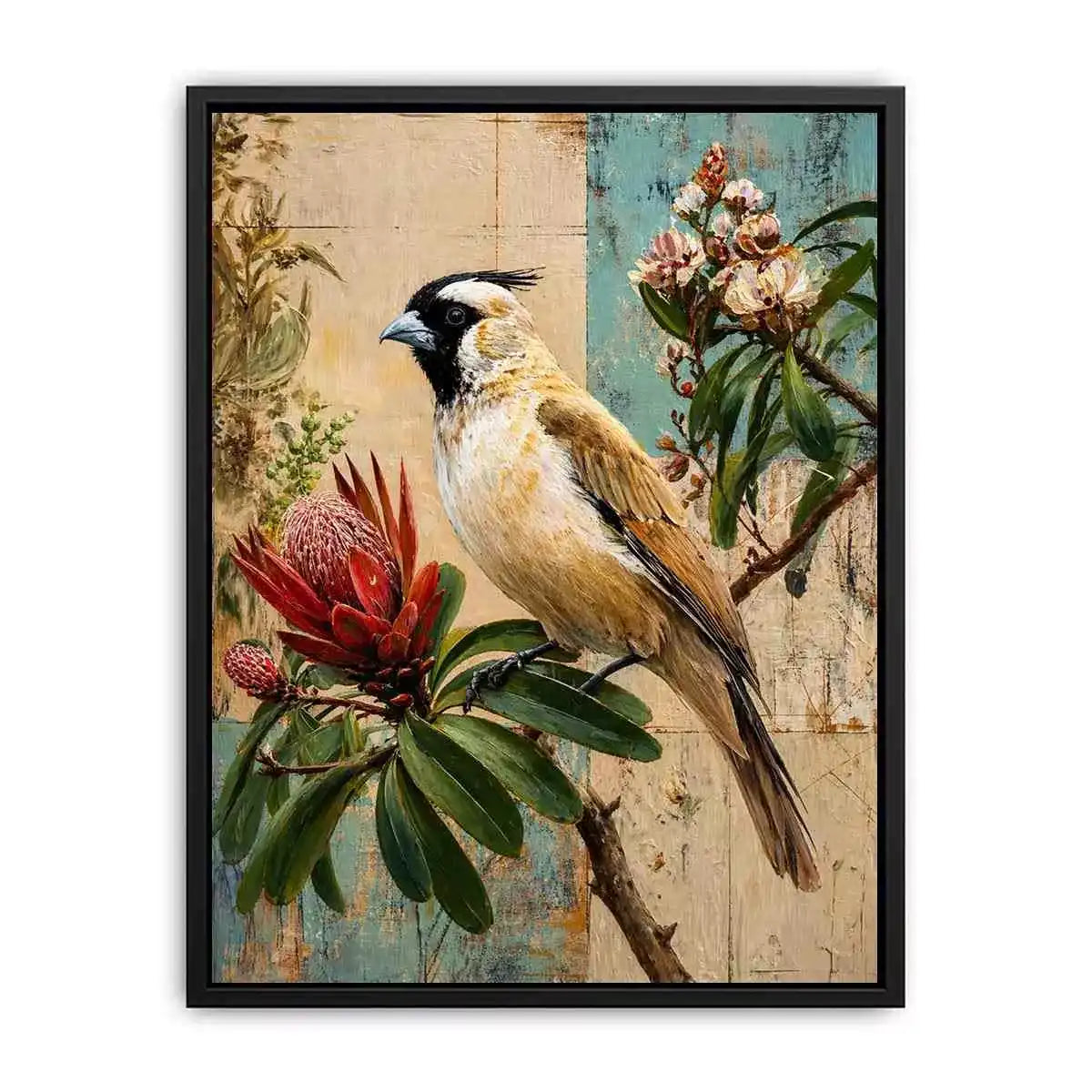 Botanical Magpie Bird Canvas Print | Vintage Floral Nature Canvas