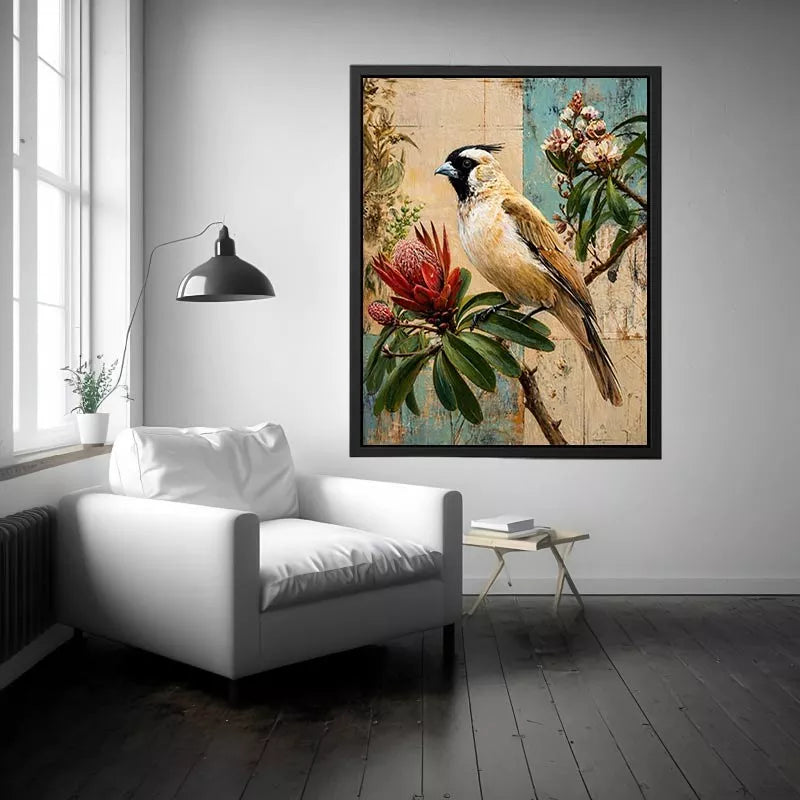 Botanical Magpie Bird Canvas Print | Vintage Floral Nature Canvas