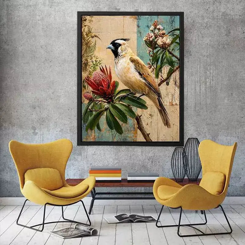 Botanical Magpie Bird Canvas Print | Vintage Floral Nature Canvas