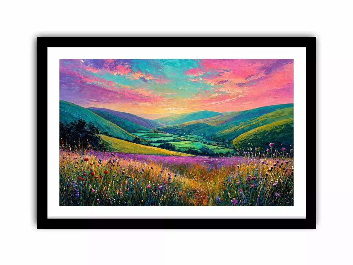 colorful landscape meadow Canvas Print canvas with rolling hills pink sky valley nature painting