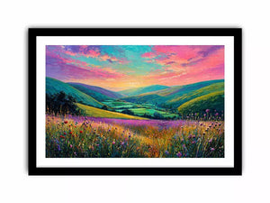colorful landscape meadow Canvas Print canvas with rolling hills pink sky valley nature painting